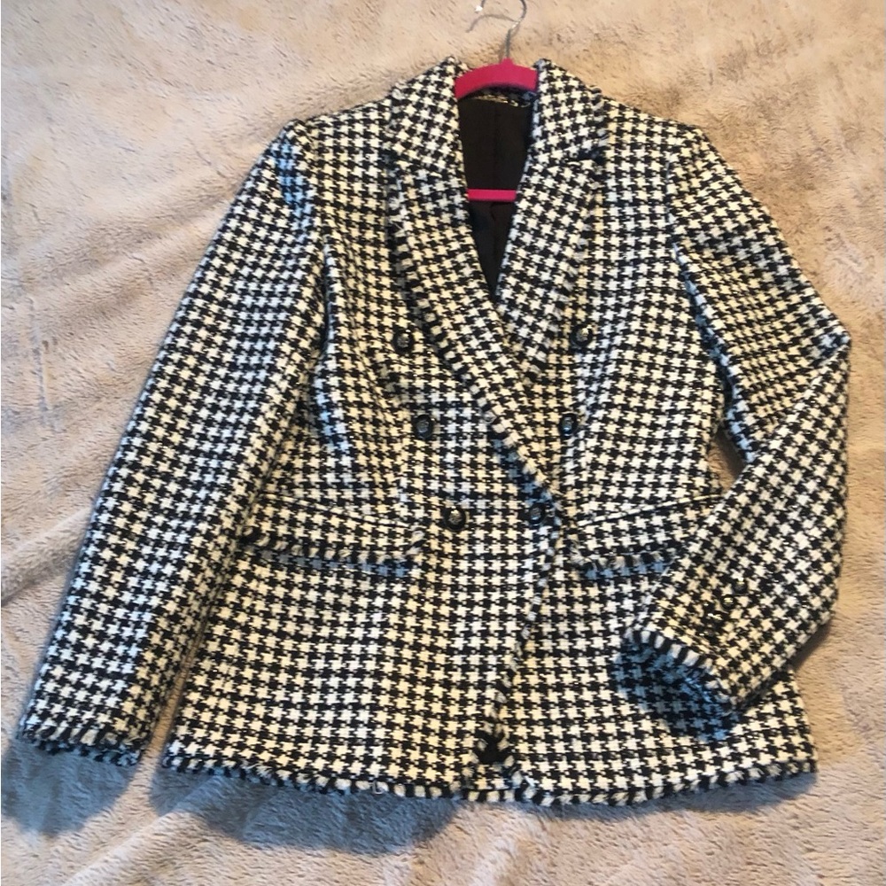 ELIE TAHARI Women SZ 6 Black White Long Sleeve Houndstooth Tweed Blazer Jacket